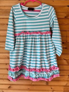 Royal Gem Girls' Aqua Stripe Ruffle Dress with Pink Accents Size 120/6X Cotton